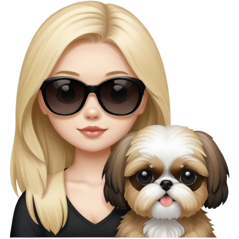 Blonde girl with long hair and pale skin and black sunglasses holding tan shit Tzu and a black Shih Tzu emoji