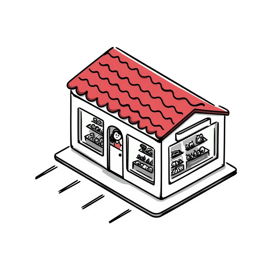 isometric view of a supermarket with a distinctive red tiled roof, glass entrance, and small parking lot emoji