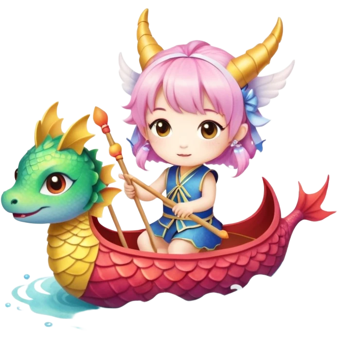 A chibi girl dressed as a dragon boat drummer, holding soft pastel drumsticks, standing in a fluffy dragon boat, colorful festival ribbons flying, sparkles and cute mini fish swimming below, soft pastel colors, watercolor texture, transparent background emoji