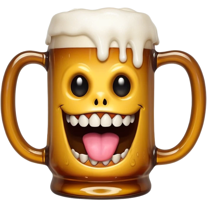 Mimic monster disguised as a beer mug with teeth and tongue, tipsy looking eyes emoji