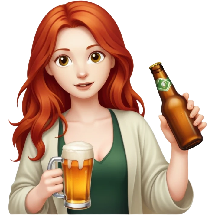 Character with flowing long red hair and a beer bottle emoji