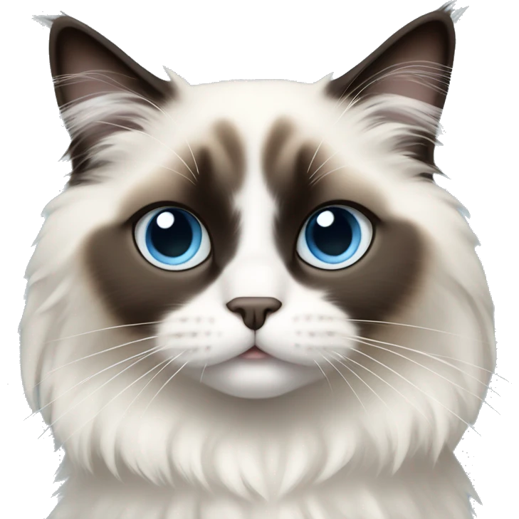 Cute ragdoll cat with black face in the center and slowly turning to white, big light blue eyes, adorable emoji emoji