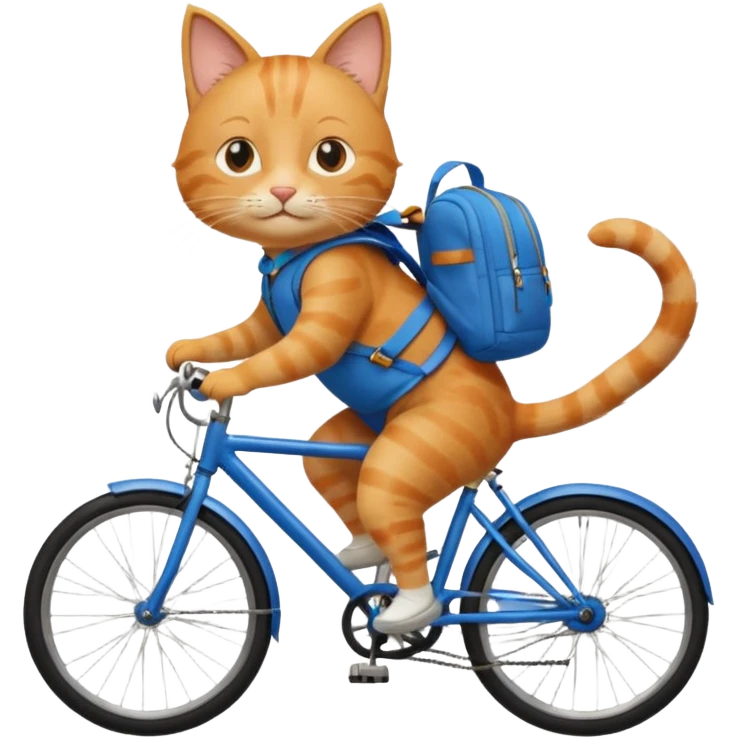 A cat is riding a bicycle and wearing a backpack. emoji