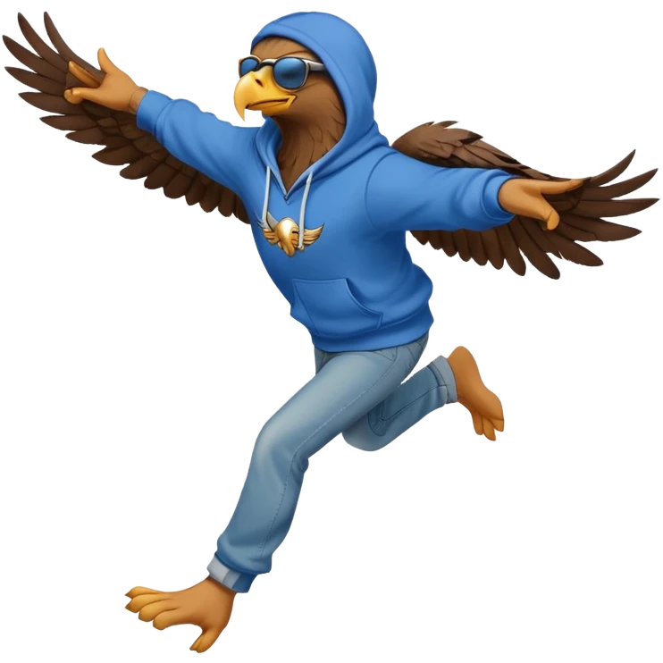 friendly anthropomorphised eagle with arms in a hoodie and jeans with sunglasses leaping, energetic pose emoji