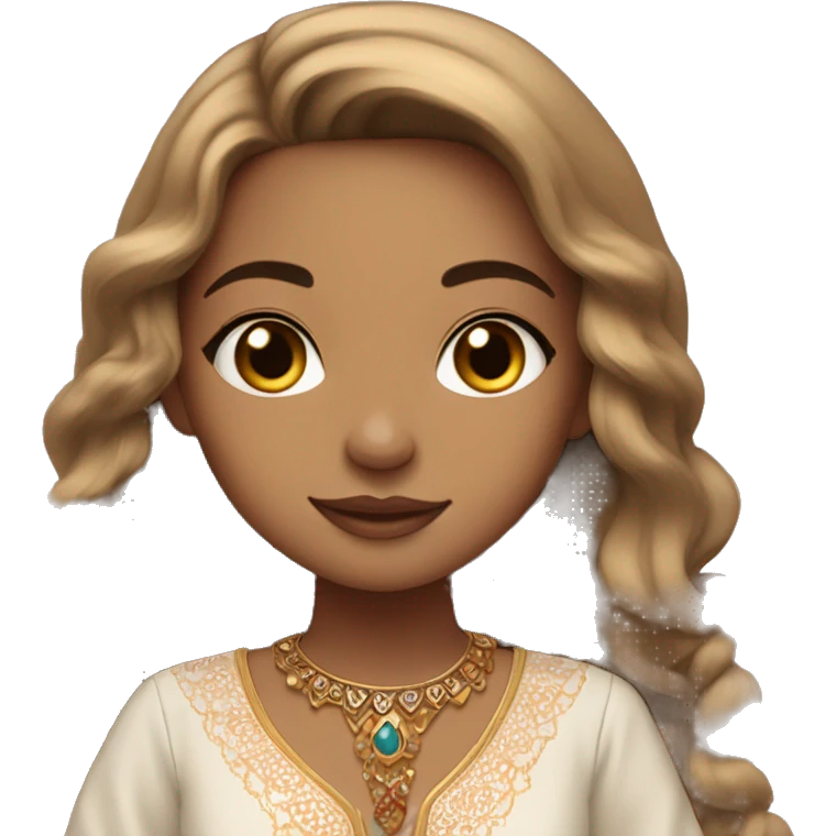 girl with long light brown hair, with a lil bit of makeup she’s standing and she’s wearing a Moroccan traditional dress emoji