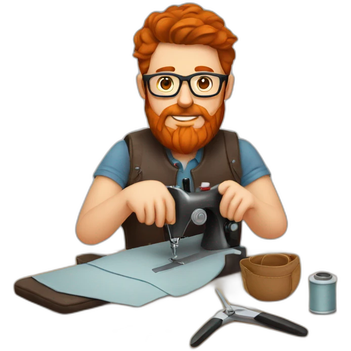 Red smooth haired man with beard and glasses sewing a leather bag by hand emoji