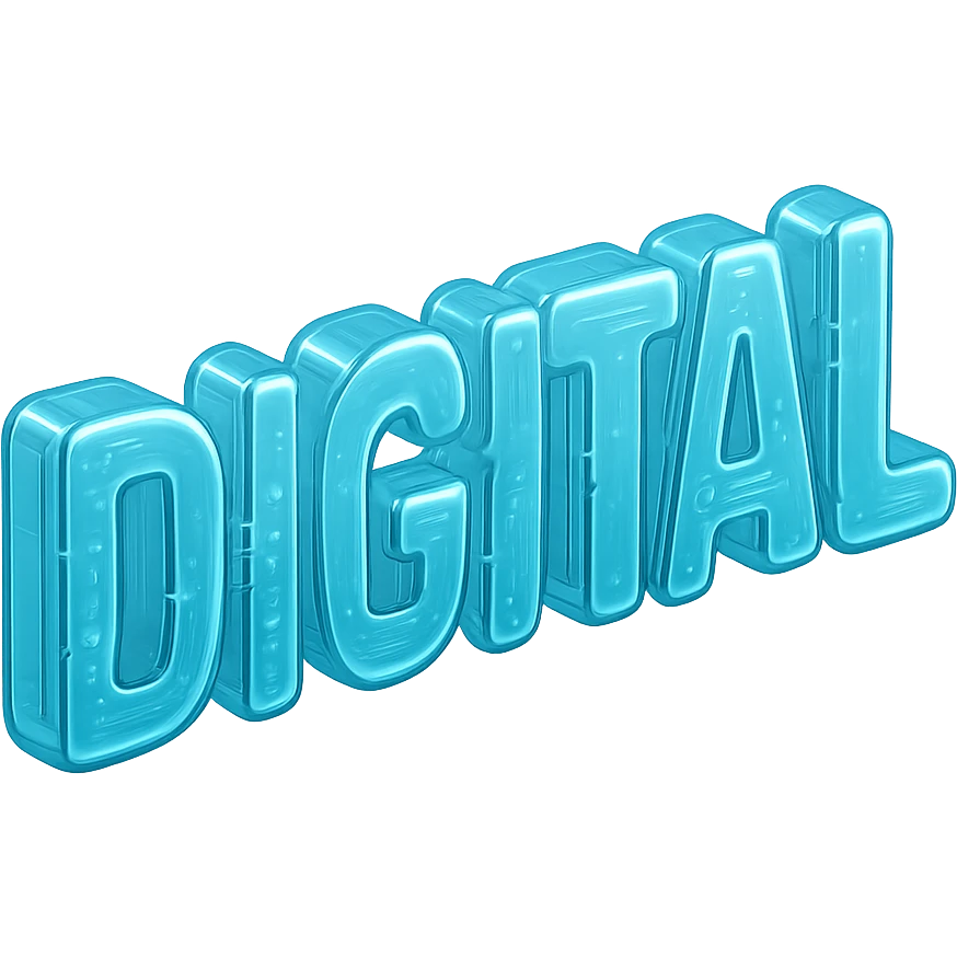 The word "DIGITAL" BOLD, floating, cyan blue emoji