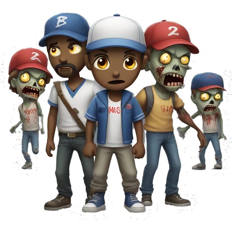 a boy with a beard in a baseball cap and zombies standing behind him emoji