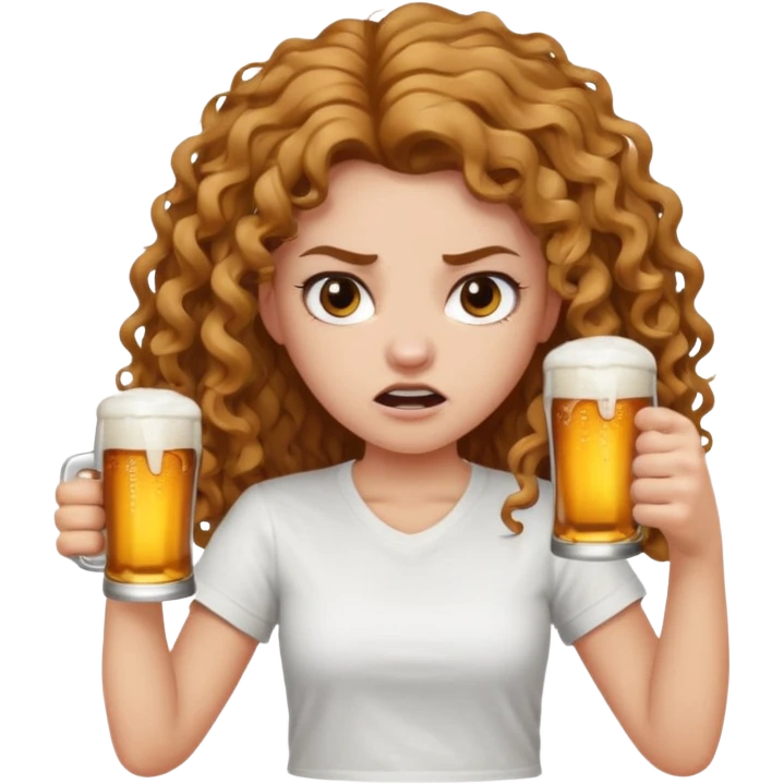 Girl with long light brown curly hair and white t-shirt with beers on hand and angry face emoji
