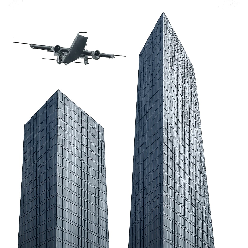 two skyscrapers and a plane flying towards them emoji