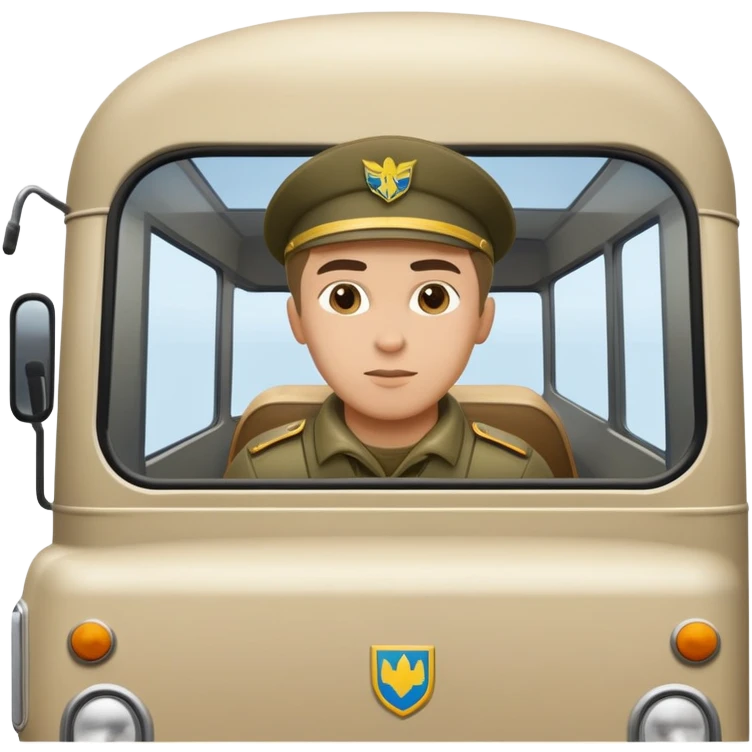 a small bus with a Ukrainian soldier leaning out of the window emoji