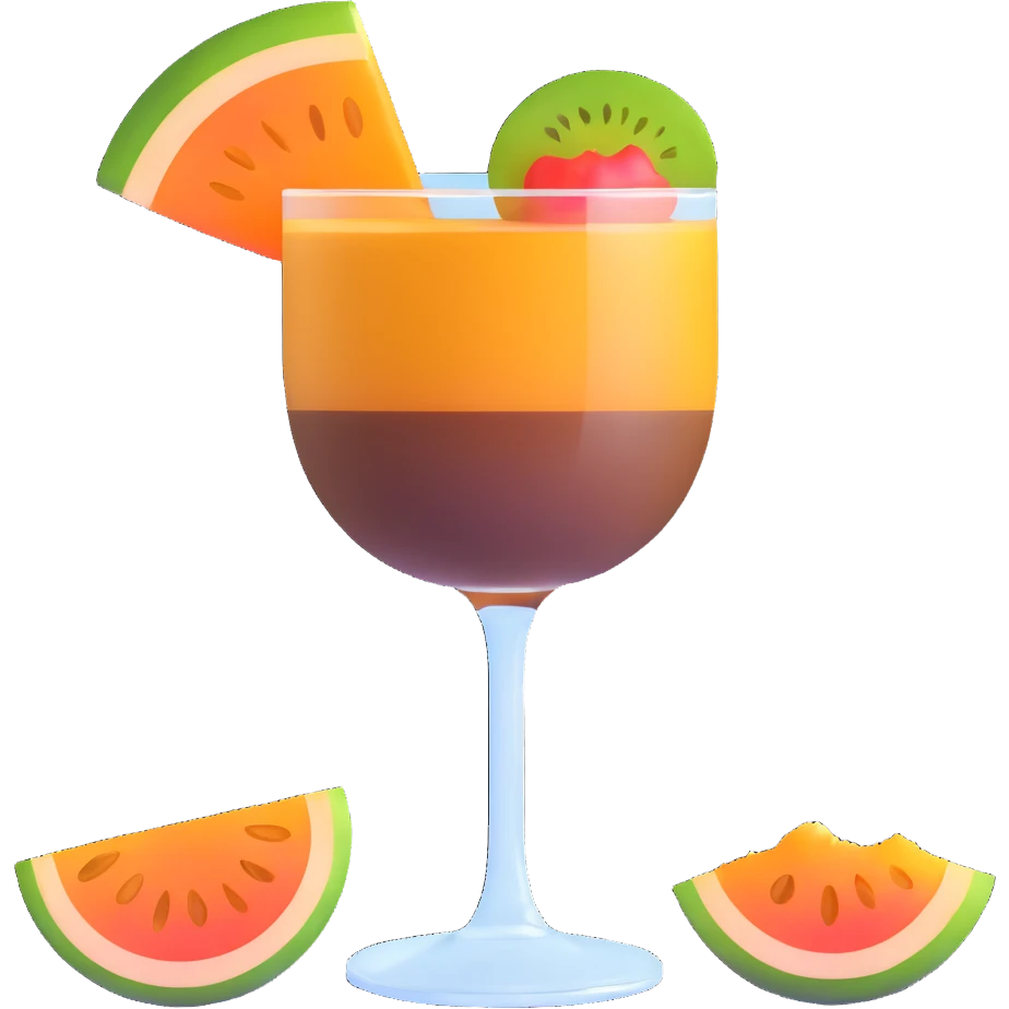 traditional layered carajillo in small clear glass showing golden liquor at bottom and coffee on top, with cantaloupe melon slice beside it emoji