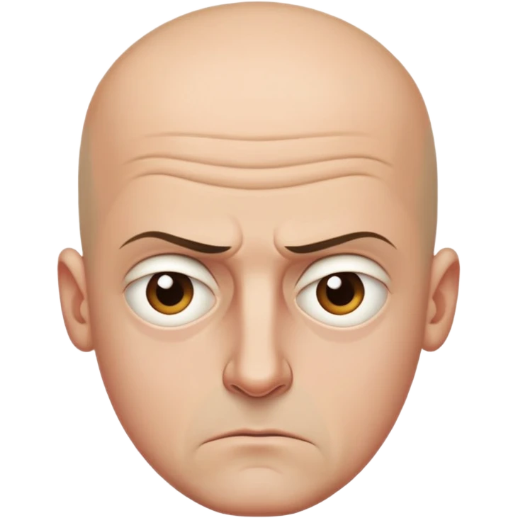 Steven Miller, bald, scowling expression, narrow rectangular head, bottom lip sticking out, eyelids almost closed and lower on the outside emoji