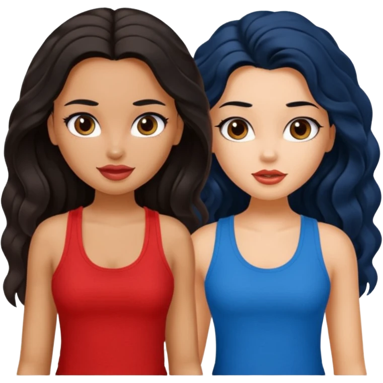 generate a pretty tan bratz girl with brown wavy hair long wearing a red tank top. talking to a girl with black hair wearing blue emoji