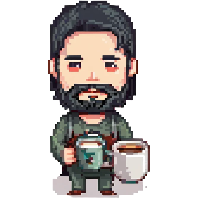 A thin guy with black hair, a long face, black beard, not too thick and long, holding a mug of coffee emoji