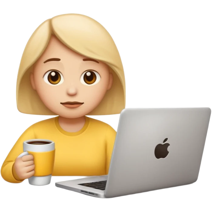 slouching emoji with a tired expression, leaning beside a coffee mug and an open laptop emoji