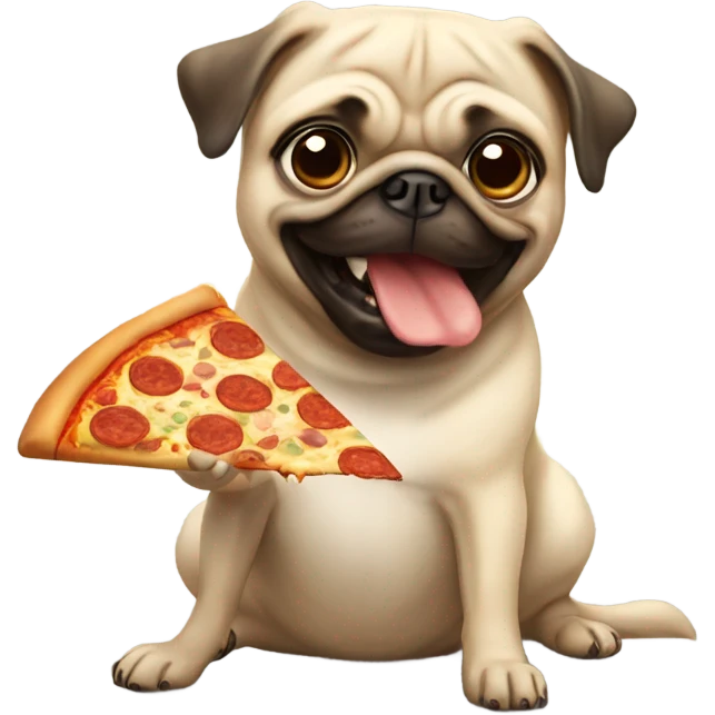 Cute beige pug, having a pizza slice in his mouth playing catch emoji