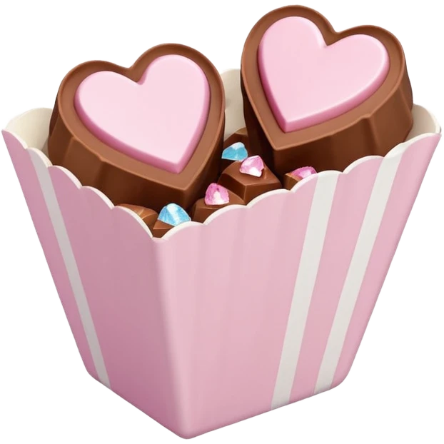 Two sharp-edged square milk chocolate pralines placed diagonally, each in a white fluted paper candy cup, with smooth glossy coating.
Flat thin pastel pink heart icing centered on top with subtle sugar crystal sparkle, clean studio lighting, pure white background, realistic minimal emoji-style. emoji