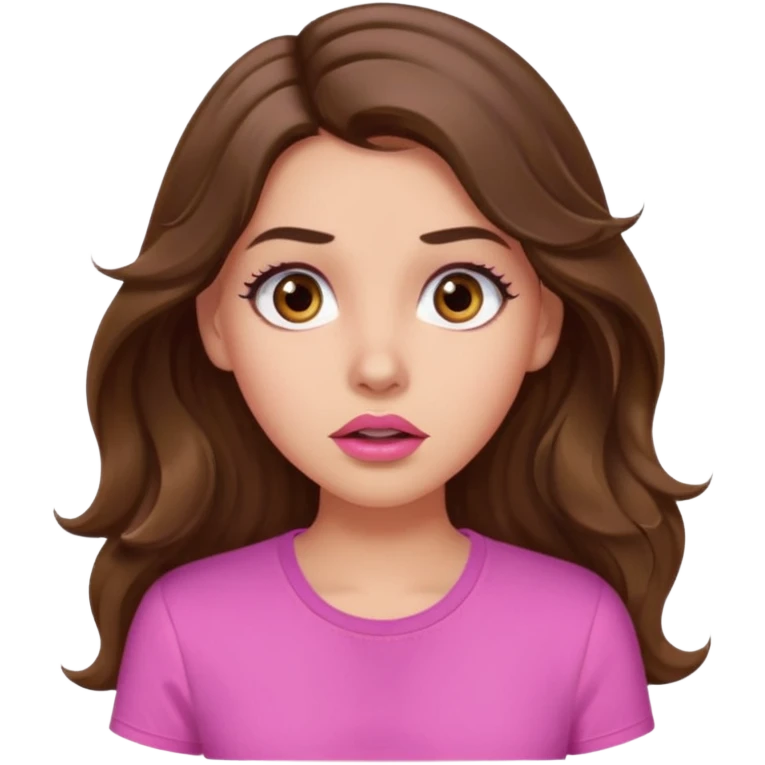 girl with long wavy brown hair, brown eyes, light to medium complexion, in a pink shirt, pink lips, long lashes, surprised emoji