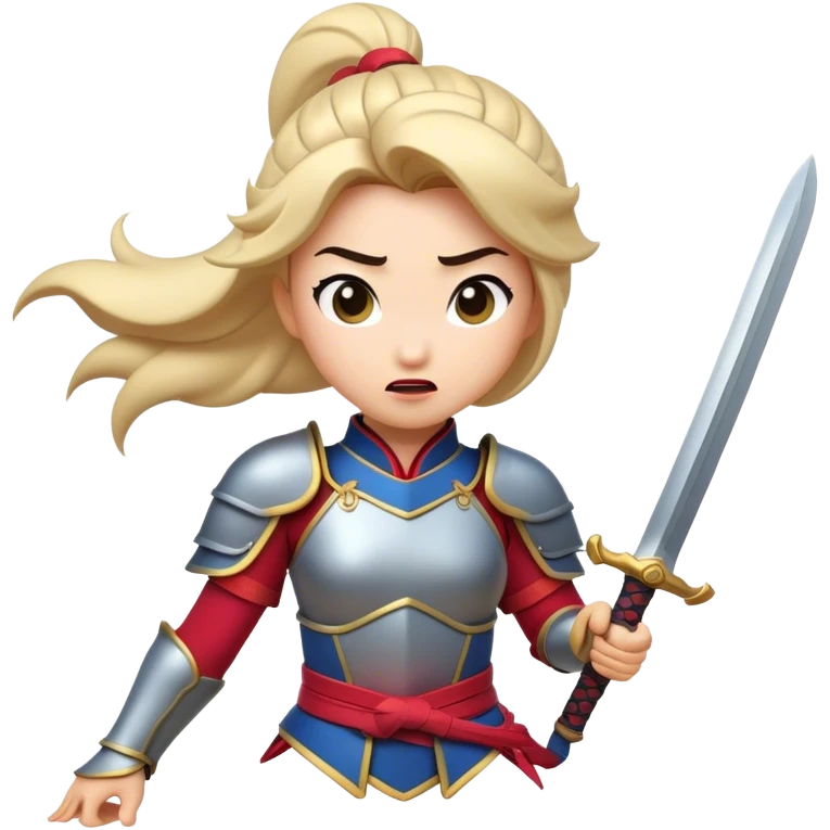 Cinematic Funny Mulan Portrait Emoji, Wearing her training armor too big, looking surprised as a sword nearly topples her over, a mix of warrior determination and hilarious inexperience, a comical yet endearing moment in her transformation! emoji