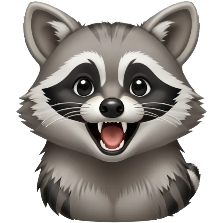 Cinematic-Noble- Yawning Raccoon-Portrait-Emoji – Poised and confident, wide-open yawn, revealing a soft grey with a sturdy build and a beautifully textured fur of silver-grey accented by dark black facial markings, deep-set, big black eyes, simplified yet sharp and sophisticated zoom out to show shoulders emoji