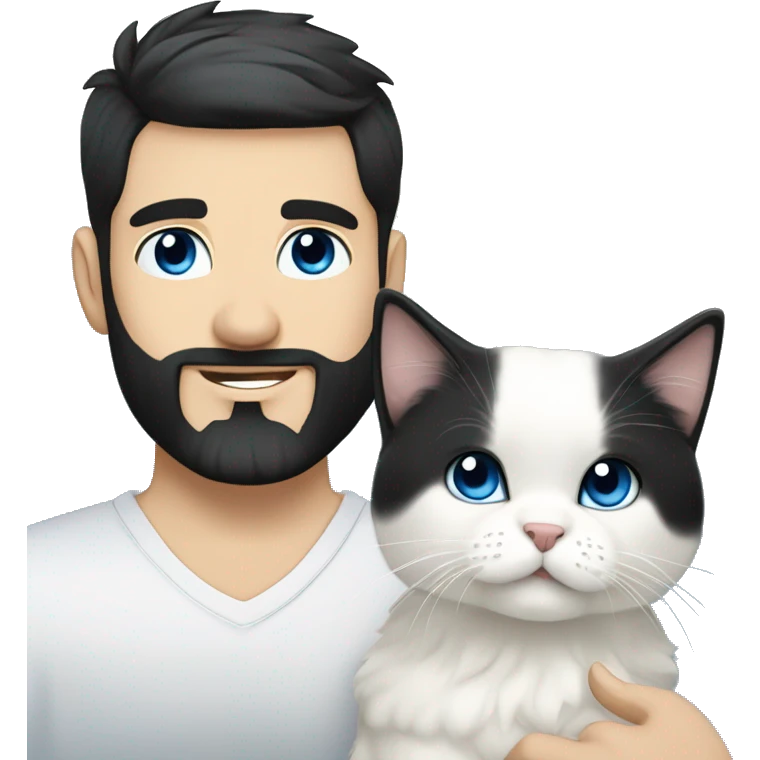 A guy with a black earing and black short hair and black beard and holding a all white Siberian cat with blue eyes  emoji