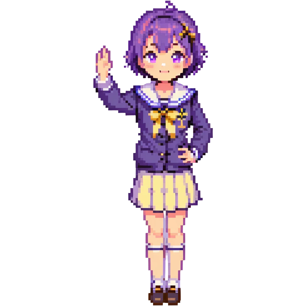 Pixel art anime girl with short bright purple hair wearing Japanese sailor style school uniform, composed posture with hand on hip but shyly waving with other hand, blushing face and timid smile, very shy expression emoji