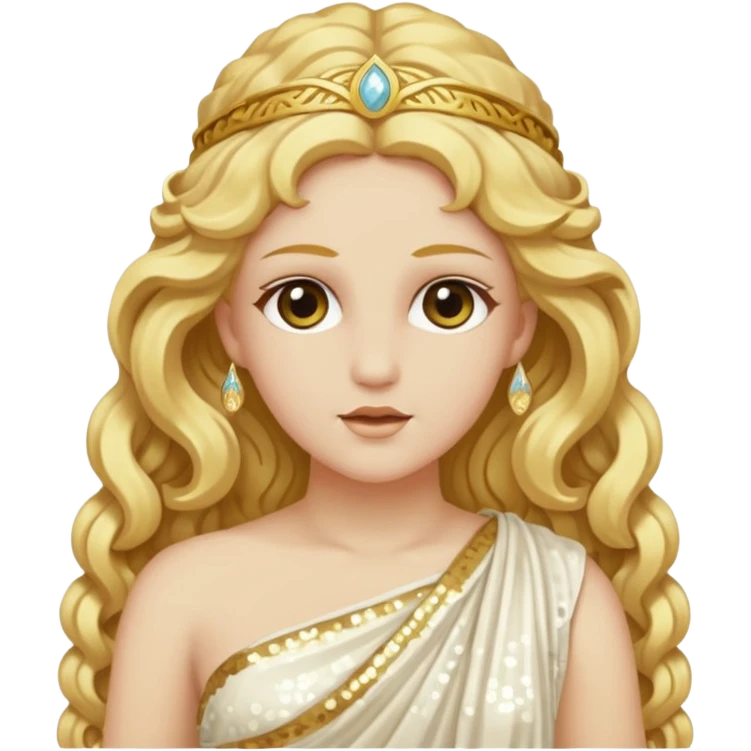 Psyche, Goddess of Soul from Roman Deities with long golden blonde wavy hair, ivory sequin toga emoji