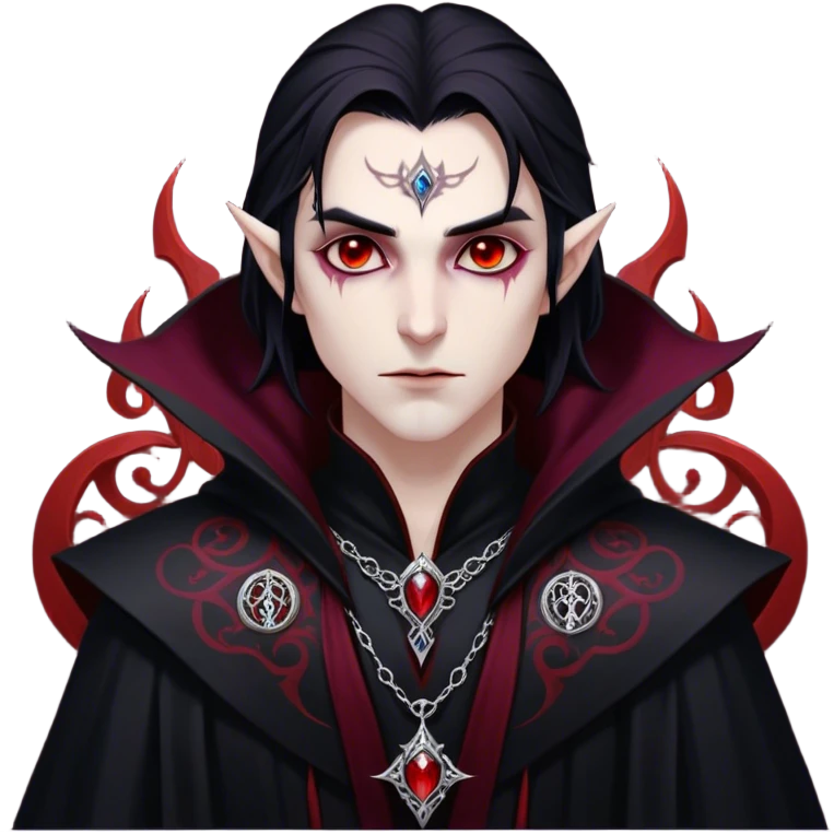Cinematic Realistic WoW Vampire Mage Portrait, depicted with dark and mysterious elegance, wearing a flowing black robe intricately adorned with arcane silver filigree and esoteric runes. His pallid, almost ethereal skin contrasts with deep crimson, mesmerizing eyes, while his dark, slick hair falls in sleek strands. Rendered with lifelike texture and moody, dramatic lighting, high shine, noble and formidable, capturing the essence of a legendary vampire mage of Azeroth. emoji