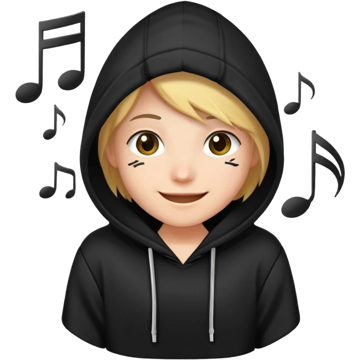 a smiling face peeking out from a hoodie with musical notes around emoji