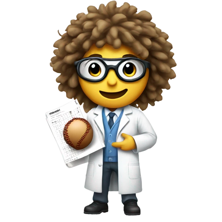 cartoon scientist with wild hair, wearing a lab coat and goggles holding a baseball hitting chart emoji
