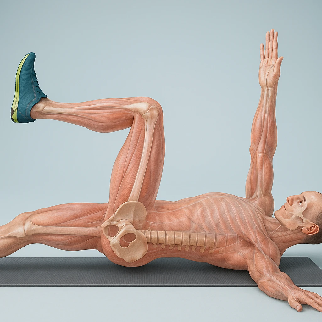Anatomically hyperrealistic 4K depiction of a man in dead bug position, variant with one leg fully extended and the other bent, highlighting pelvis and spine bones, translucent muscles and skin, medical atmosphere. emoji