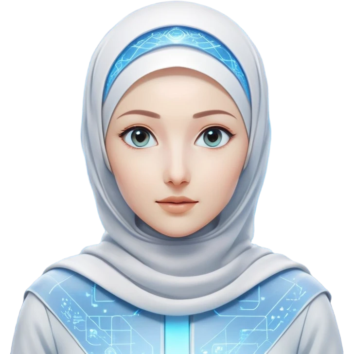 woman with white hijab wearing blue outfit, looking straight ahead, surrounded by futuristic screens showing advanced holographic interfaces, AI visualizations, quantum data patterns, circuit networks, high-tech metaverse elements emoji