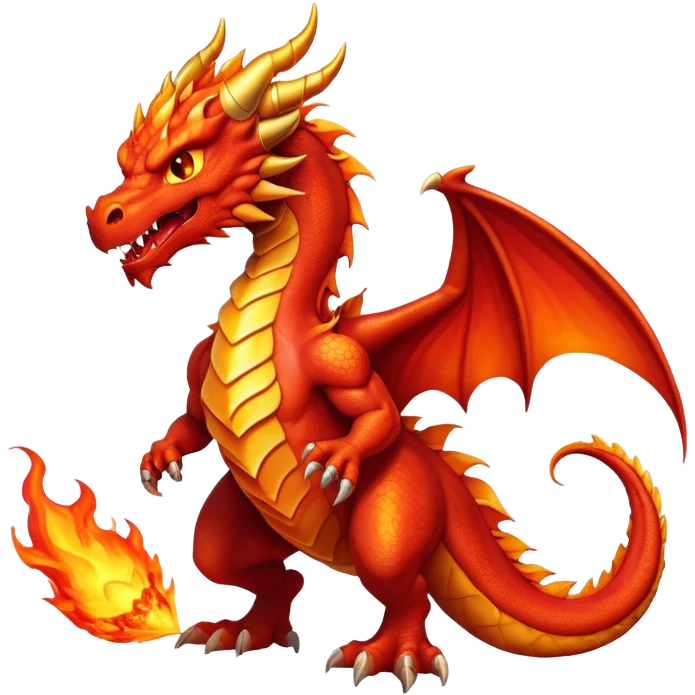 cinematic-noble-fierce-fire-dragon-full body-emoji,-poised-and-imposing,-with-a-muscular,-scaled-body-ablaze-in-fiery-hues-of-crimson,-molten-orange,-and-molten-gold,-and-intense,-burning-eyes-that-mirror-the-heart-of-a-volcano;-rendered in detail emoji
