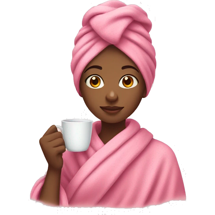 a girl in a pink towel with a mug of tea emoji