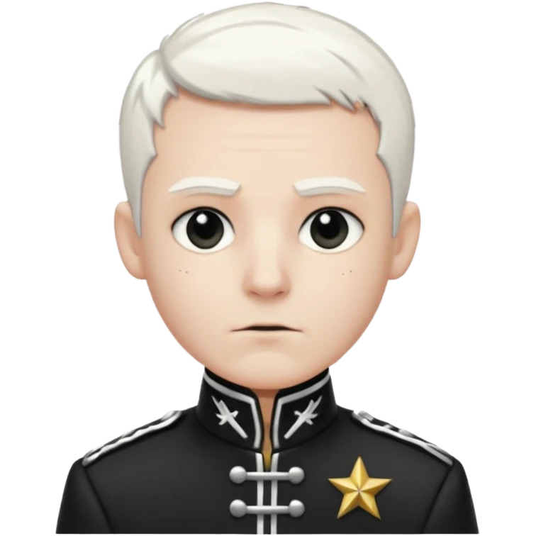 Head and shoulders emoji of a pale man with short white hair, wearing a black marching band jacket with silver trim. black eyeliner. Expression stoic, commanding, and theatrical, heroic emo style emoji