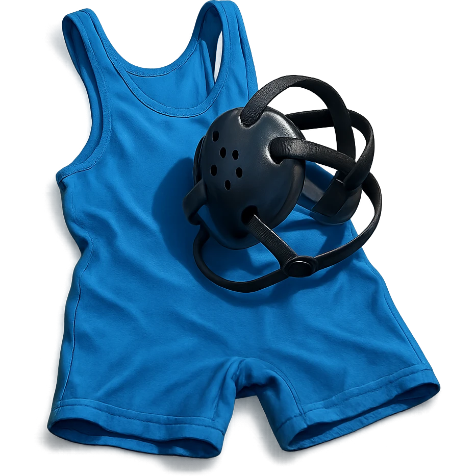 realistic icon of a wrestling singlet uniform, bright blue, brightly lit, spread out as if loosely laying on a table, with a set of wrestling headgear laying loosely on top, different fold or perspective, isolated on transparent background emoji