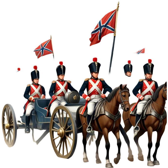 A vintage movie poster-style design depicting a dramatic Napoleonic War scene. Include soldiers in period uniforms, cannons, and a battlefield with flags and horses. The background should evoke a sense of battle and history, with old-fashioned cinematic flair. Transparent background. emoji