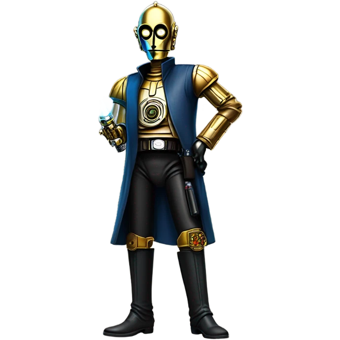 tarnished undercover tough well-equipped Jedi  life-sized darkblue-pearl C3po leather clothing pants and vest old west duster coat holding light saber sheriff emoji