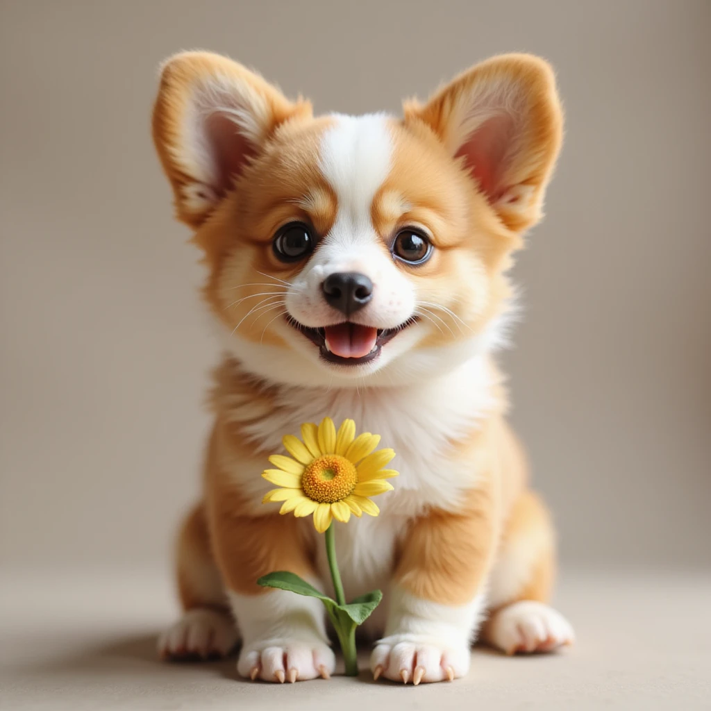 photorealistic small cute corgi puppy with a flower, playful expression, fluffy fur emoji