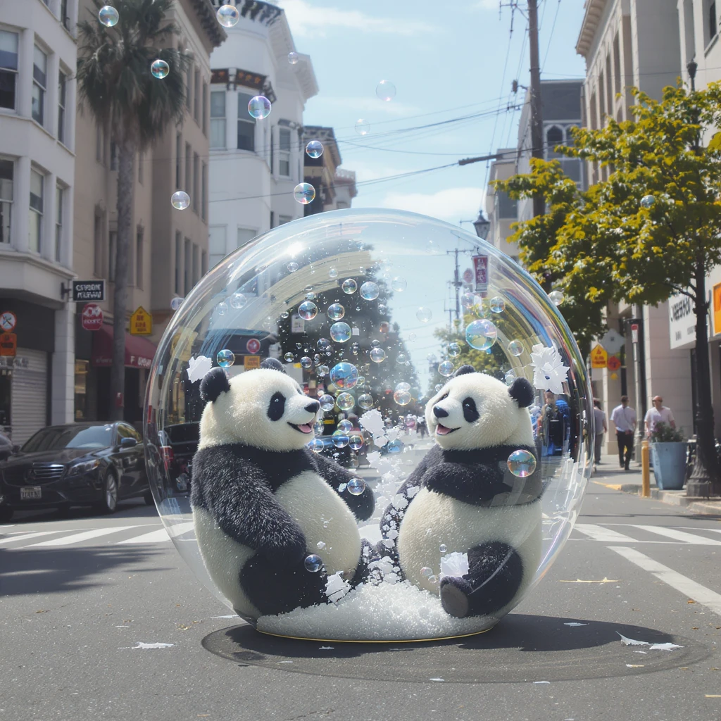 Cinematic still pandas bears sitting inside bubbles flying around San Francisco downtown, sunny summer day, happy vibe emoji