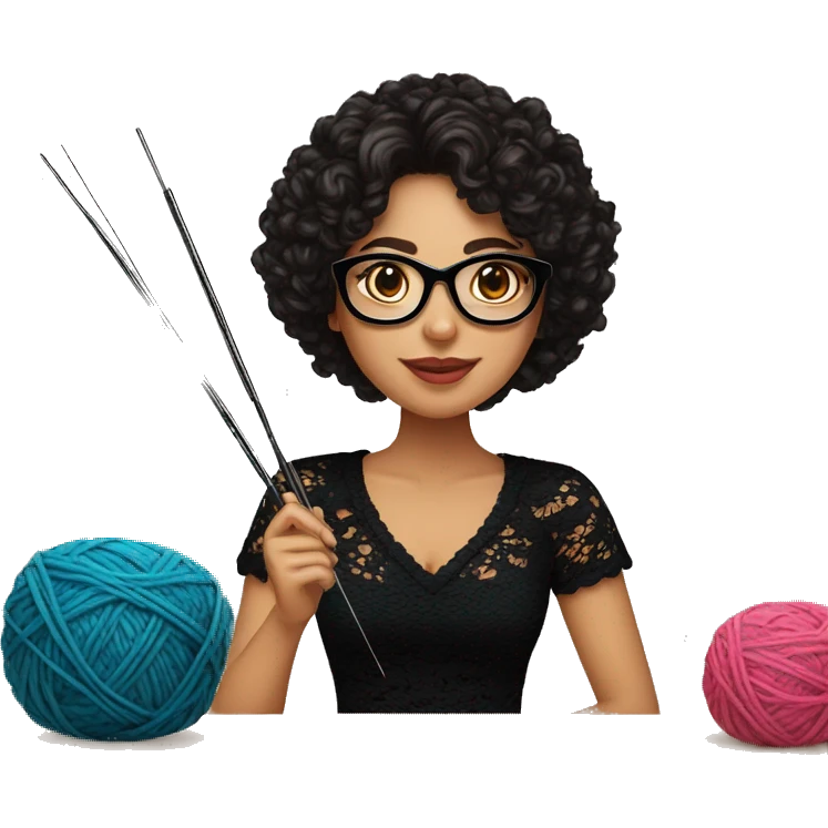 Hispanic woman with black glasses long dark brown curly hair holding crochet needle and yarn wearing a black lace shirt emoji
