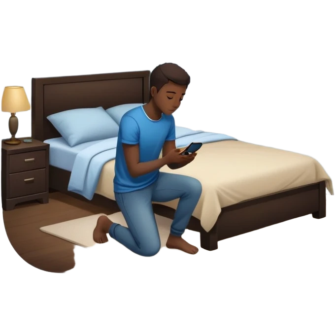 A Gen Z young person kneeling beside bed in bedroom at night praying, smartphone on nightstand, wearing casual clothes, dim lighting, posters on wall emoji