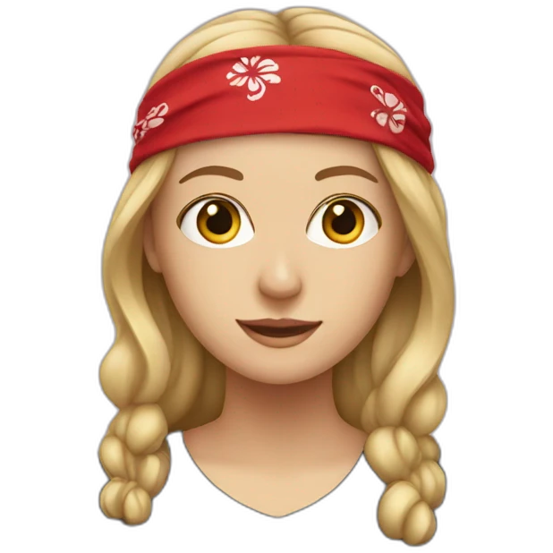 White woman in a black T-shirt and a red bandana emoji