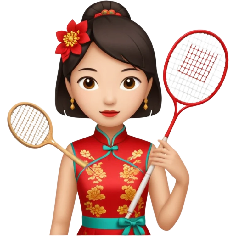 ancient cheongsam girl with 1 badminton racket, red emoji