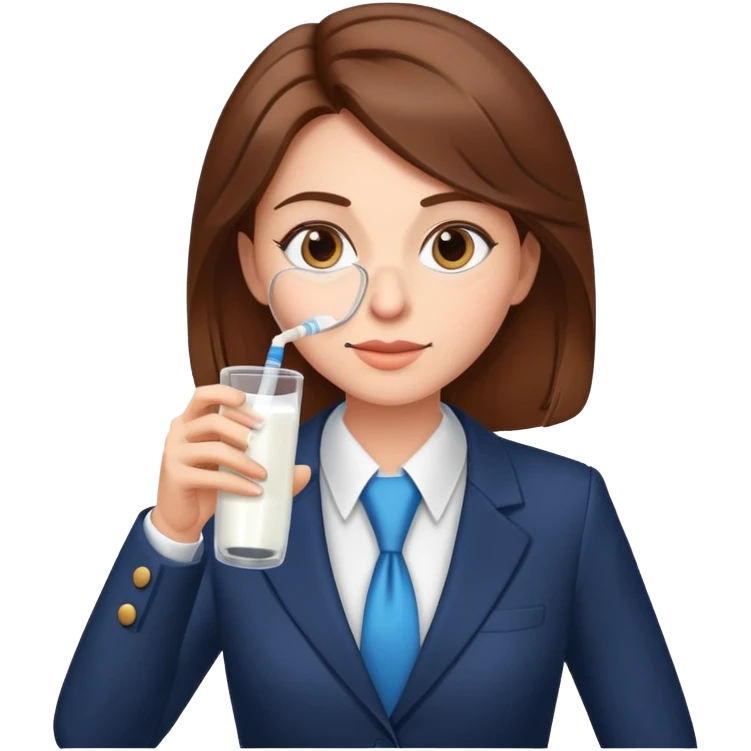 Mom with brown hair in business suit drinking milk and holding a vaccine syringe emoji