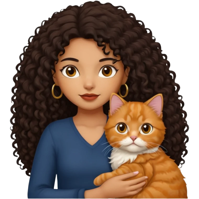 a brown/tan girl with black curly hair holding a ginger Persian cat with long fur emoji