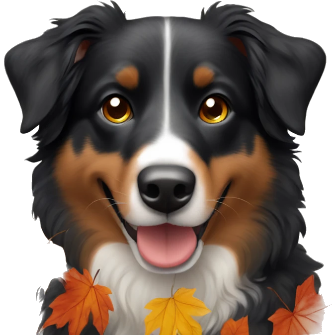 Small black australian shepherd dog wearing autumn emoji