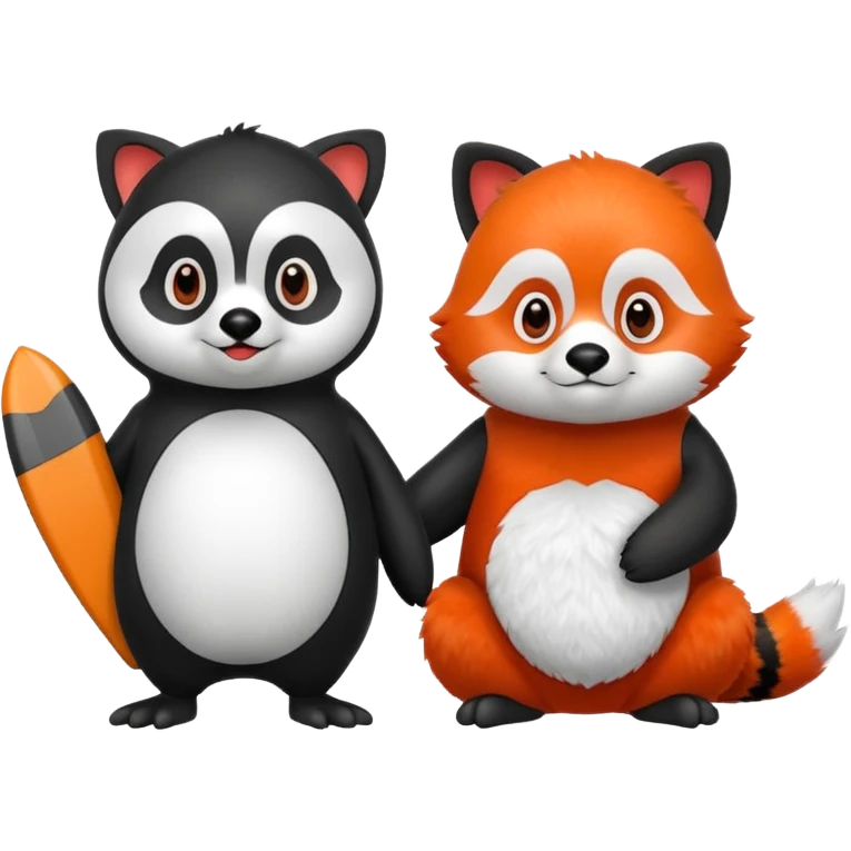 A cartoon  cute cartoon penguin. Next to it is a cartoon red panda holding its flipper  emoji