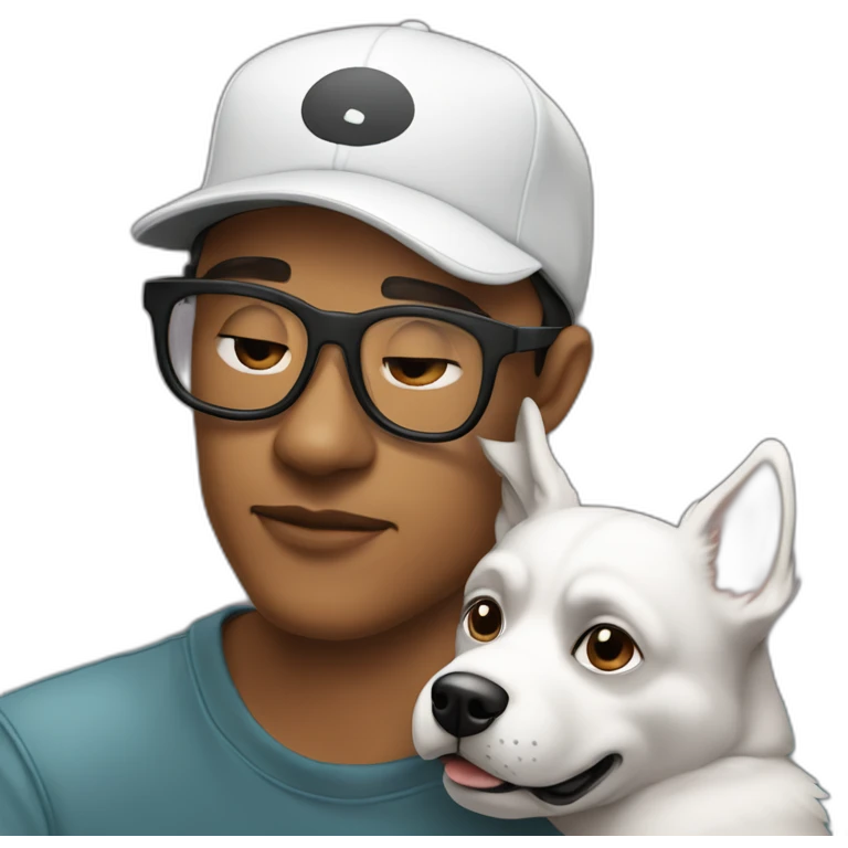 shibba dog resting on a man's lap. man is wearing a black baseball cap, has 5 o'clock shadow, is white, and wearing clear acetate glasses emoji